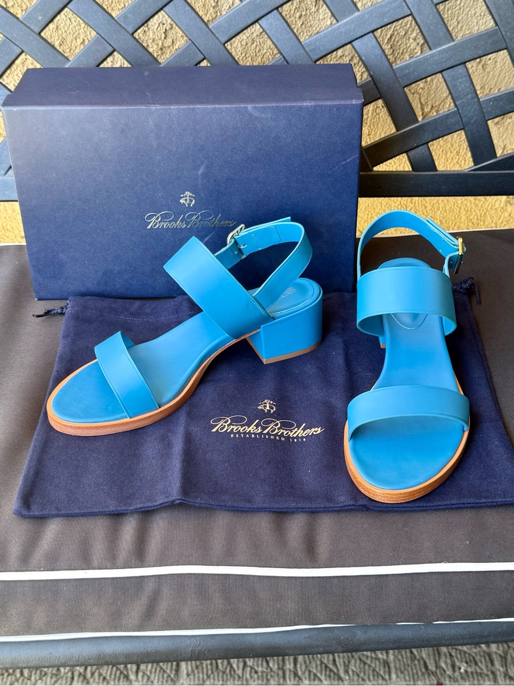 Brooks Brothers Turquoise Blue Leather Block-Heel Sandals